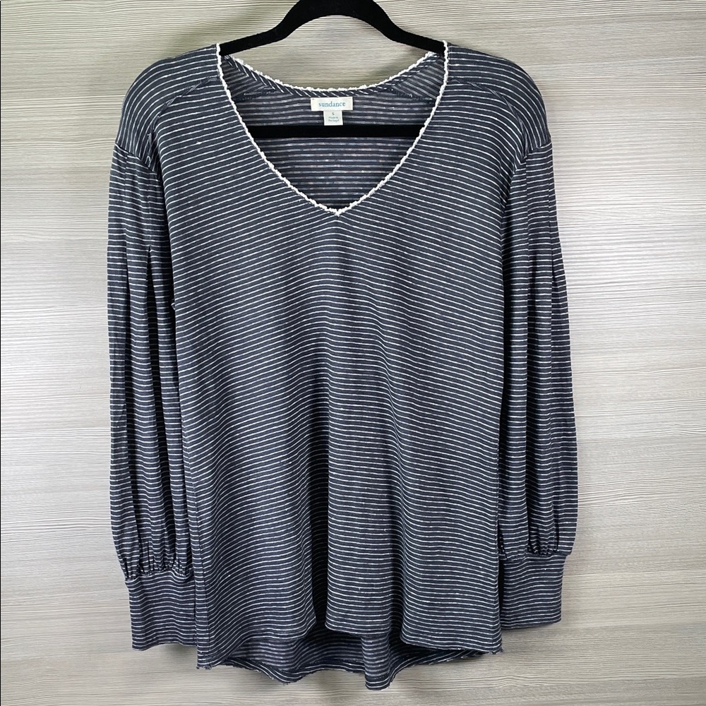 Sundance Linen Mariner Journey Raw Edge Charcoal White Striped Long Sleeve Top